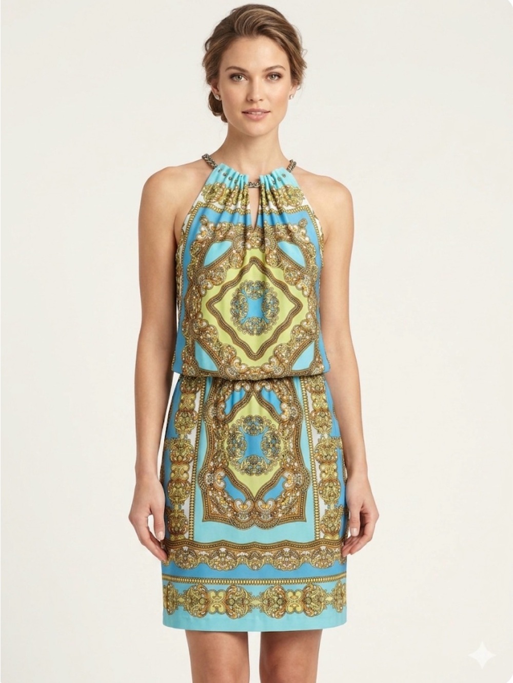 Cache Halter Mini Dress in Turquoise and Gold Print